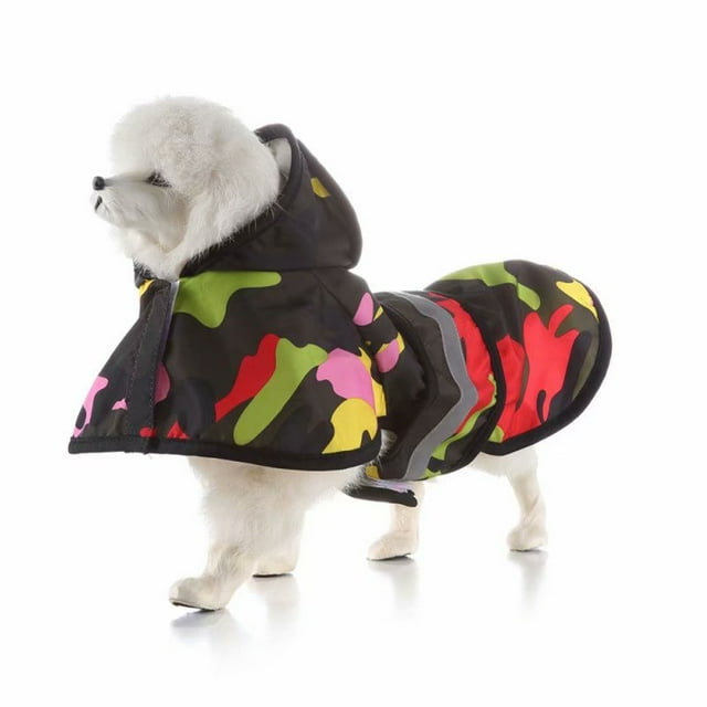 Dog Reflective Raincoat with Hood Harness Hole, Waterproof Slicker Poncho for Small Medium Dogs and Puppies, M, Black