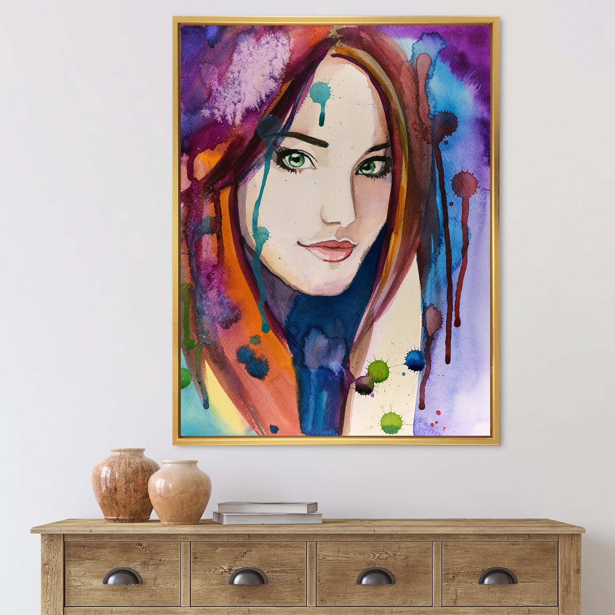 Designart 'Colorful Portrait Of Green Eyes Young Woman' Traditional Framed Canvas Wall Art Print