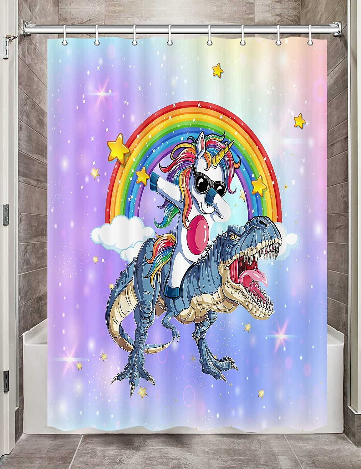 Unicorn Riding Dinosaur Camper RV Shower Curtain for Travel Trailer