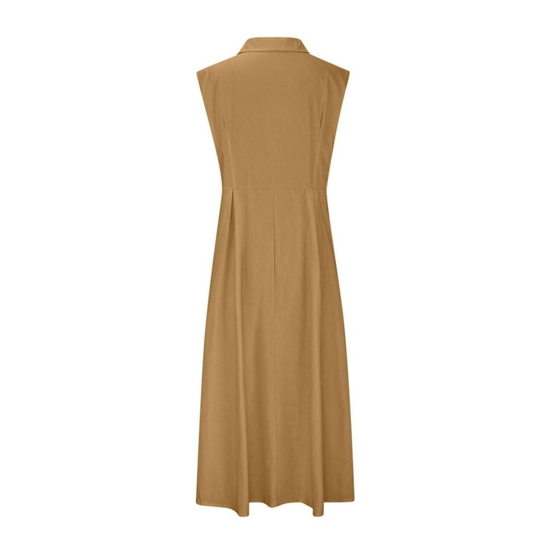 Tianiyouqing Women Swing Midi Maxi Linen Dress Full Button Down Sleeveless Lapel Collared Tshirt Dresses V Neck Summer Formal Shirt Dresses Light