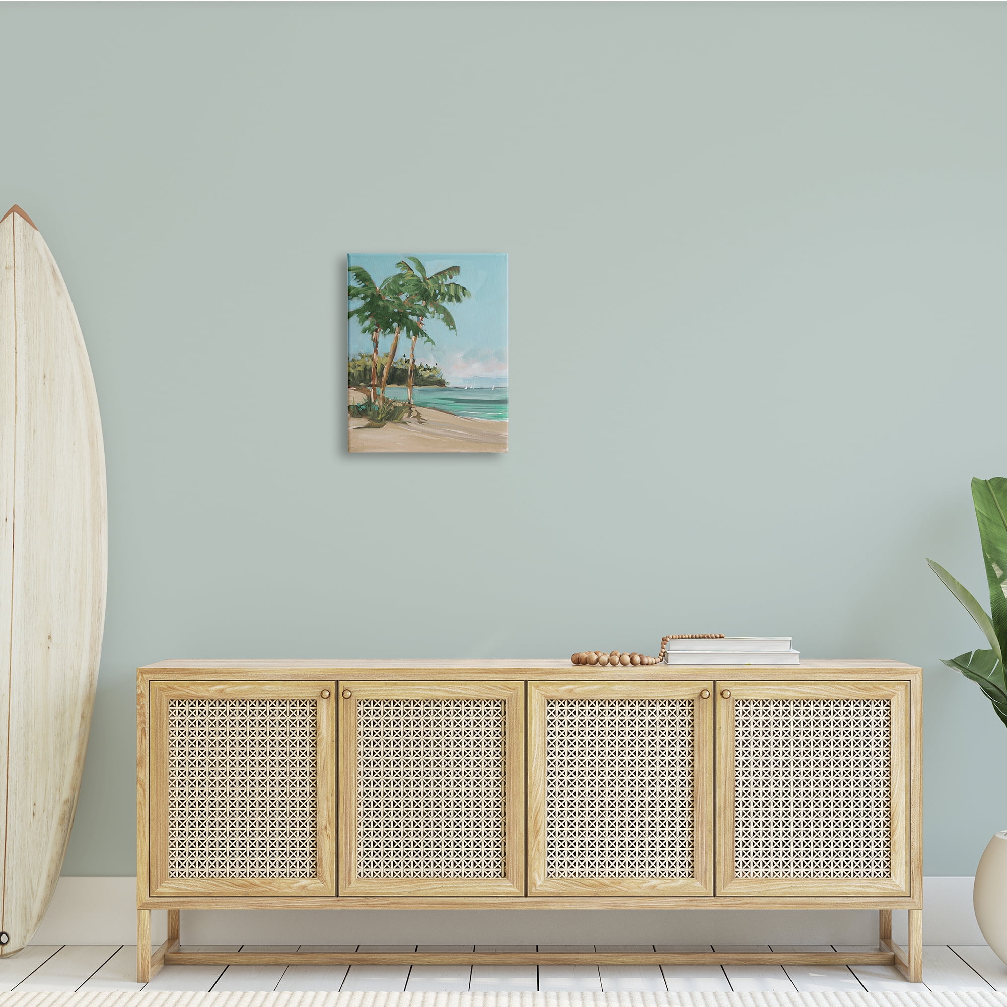 Stupell Indtries Contemporary Summer Palm Tree Coast Line Distant Boats,16 x 20,Design by Jane Slivka