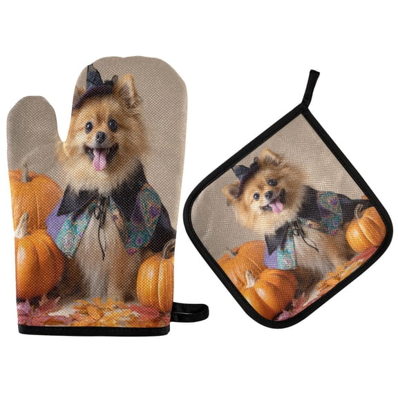 Heat-Resistant Reversible Oven Mitts and Pot Holders Set Double-Sided Insulated Gloves Kitchen Home Supplies Cute Pomeranian Dog and Pumpkins