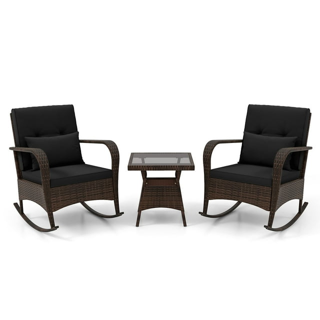 Gymax 3 PCS Rocking Bistro Set w/Removable Cushions & Tempered Glass Top Coffee Table