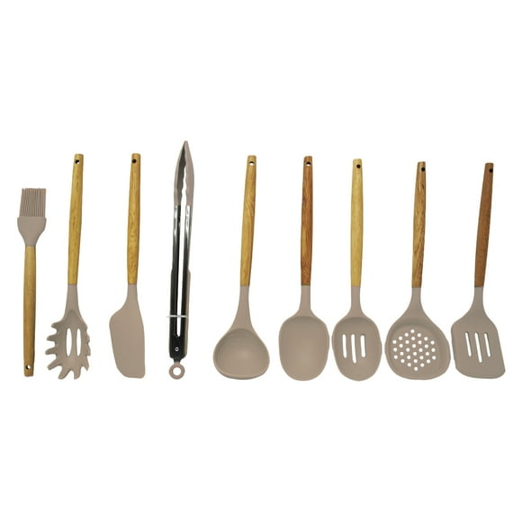 JUEGO DE 10 UTENSILIOS DE SILICONA COLOR CREMA CON MANGO DE MADERA Y CANTARO 39784