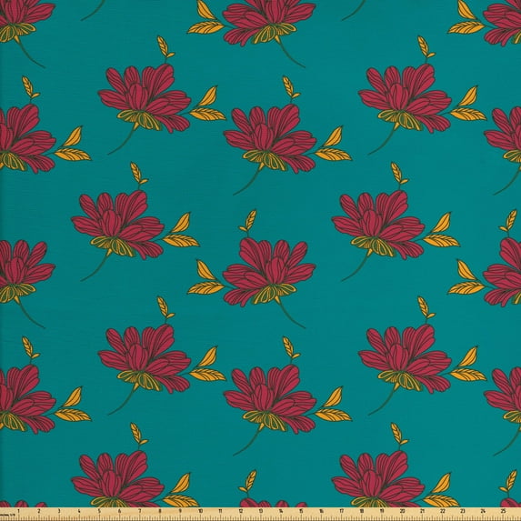 Floral Fabric by the Yard Upholstery, Rhythmic Illustration of Autumn Flower Leaves Pattern, Decorative Fabric for DIY and Home Accents, Teal Dark Pink by Ambesonne