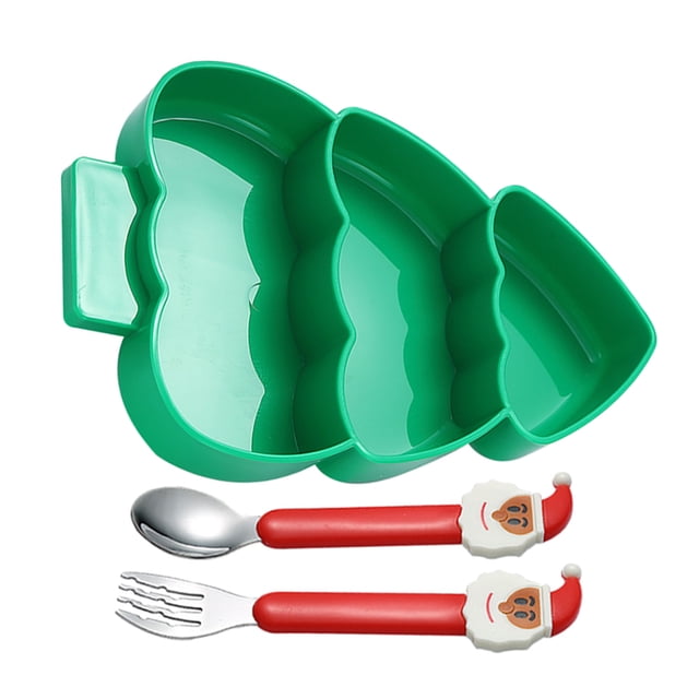 ELAYARD Assorted Color Christmas Tree Shaped Salad Plates Sectioned Design for Dinner Use Includes Fork and Spoon Set