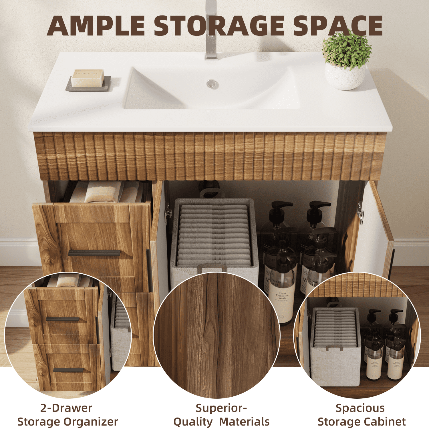 Richryce 36 Inch Bathroom Vanity with Ceramic Sink, Wooden Bathroom Sink Vanity with a Door & 2 Drawers, Freestanding Bathroom Sink Cabinet (Walnut)
