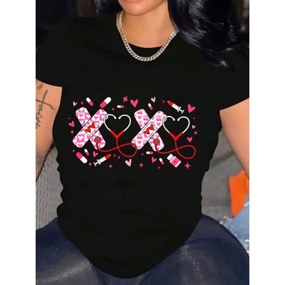 Nurse Stethoscope Heart XOXO Valentine's Day Women Graphic Tee