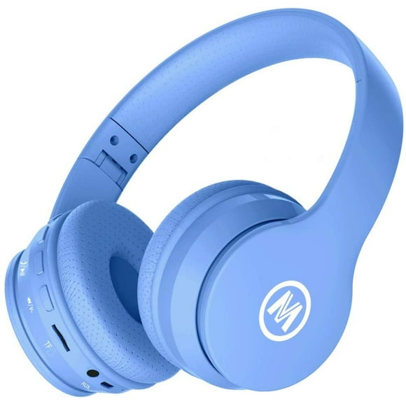 Auriculares Mokata inalámbricos/cableados para niños con volumen limitado 94-110dB, plegables, con protección de ruido, conexión AUX 3.5mm y micrófono, color azul
