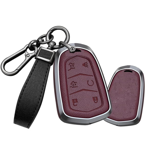 Heavy Duty Metal Key Fob Cover Case for Cadillac Escalade ESV – 6 Button Leather Key Shell Protector with Full Protection Design and Premium Keychain Holder