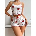 thumbnail image 3 of Sweet Heart Print Pajama Set for Women Cute Sleeveless Cami Top and Ruffle Shorts Soft Ribbed Knit Loungewear Adorable Pjs, 3 of 7