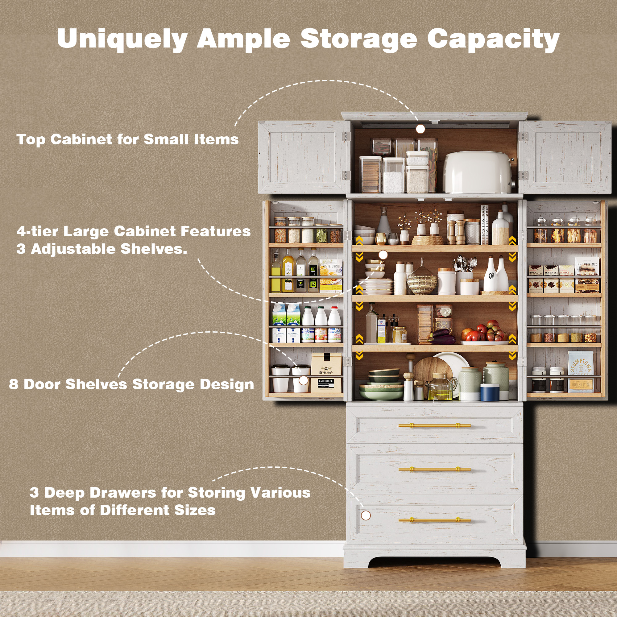 Mintazer 78" Tall Farmhouse Pantry Cabinet with Adjustable Shelves & Door Shelves, Freestanding Storage Cabinet with 3 Large Drawers & Gold Hardware for Kitchen Dining Room Living Room, White