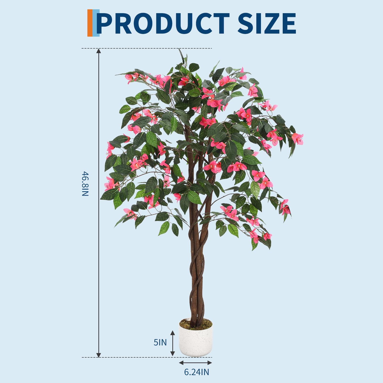 4ft Artificial Bougainvillea Tree with Pink Silk Flowers & Wood Trunk, Lifelike Faux Floor Plant for Indoor Outdoor Home Office Decor, UV Resistant Fake Tree with Planter