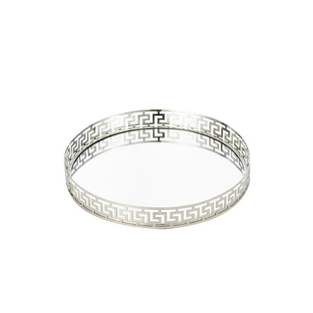 Dia Round Mirror Tray - Egnazia - Silver Metal Mirror Tray - Medium Rounded Greek Key