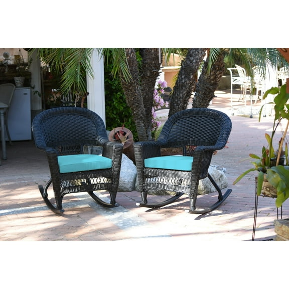 Jeco Black Rocker Wicker Chair with Sky Blue Cushion - Set of 2