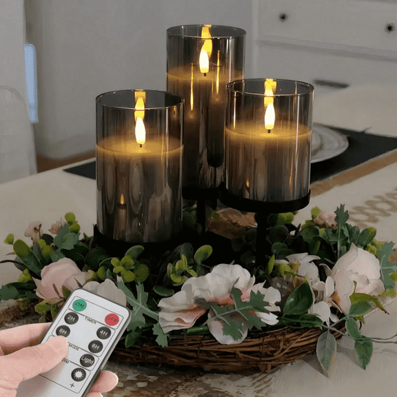 Goyuon Flameless LED Candles Battery Powered with Remote Control Timer LED Pillar Candle for Party/Home/Wedding Decoration 3 Pack(Grey)