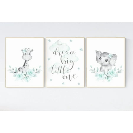 UNFFRAMED Luvia Set of 3 Turquoise Jungle Animal Nursery Poster Set Elephant Giraffe Floral Baby Girl Room Decor Prints Set 3 Prints 20x30