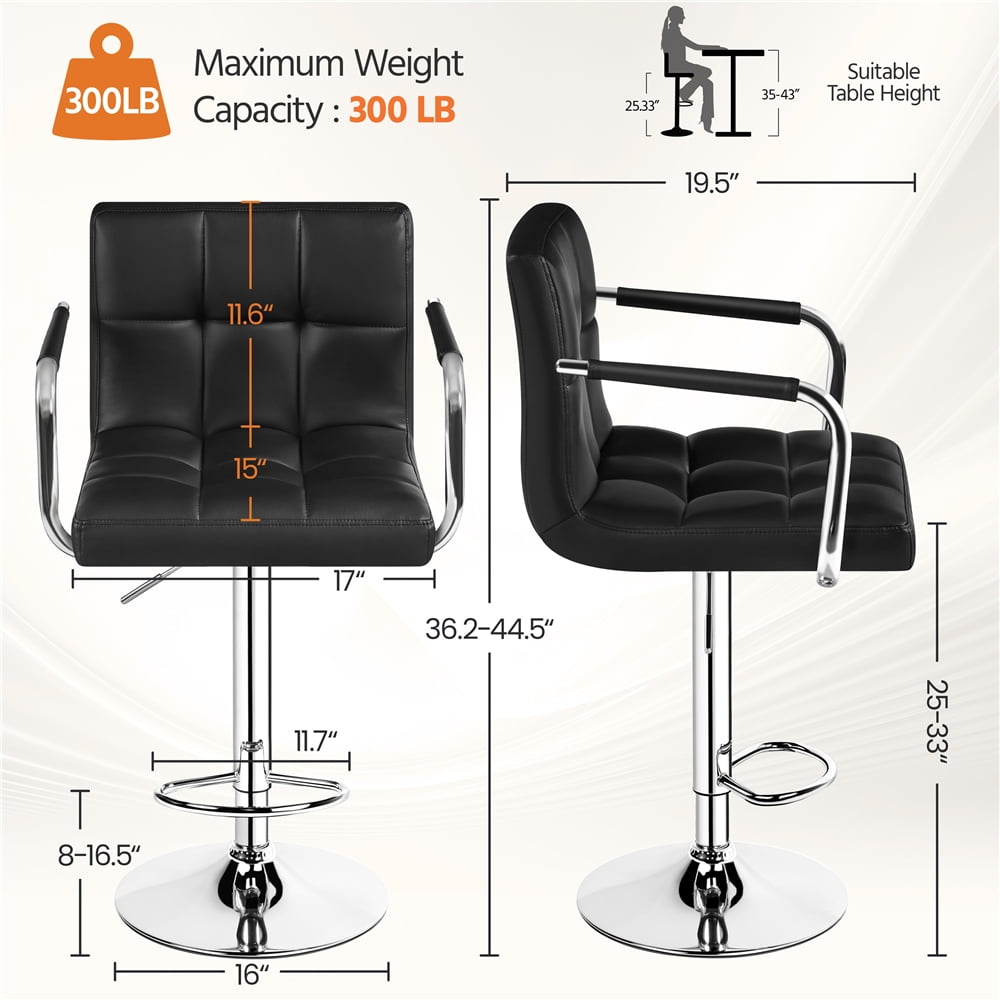 Alden Design Adjustable Swivel Bar Chair Modern Faux Leather Bar Stools, Set of 2, Black