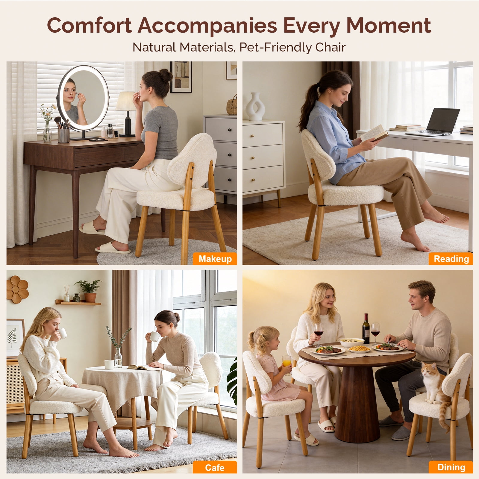 Ktaxon Blended Chenille Armless Vanity Chair Cloud Backrest Desk Chair, Rubber Wood Makeup Chair for Bedroom Living Room Office Reading Room Beige