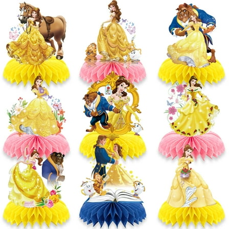 9 pcs Belle Princess Honeycomb Centerpiece 3D Table Decorations for Kids Birthday Theme Party Decorations Double Sided Party Favor Supplies Photo Props
