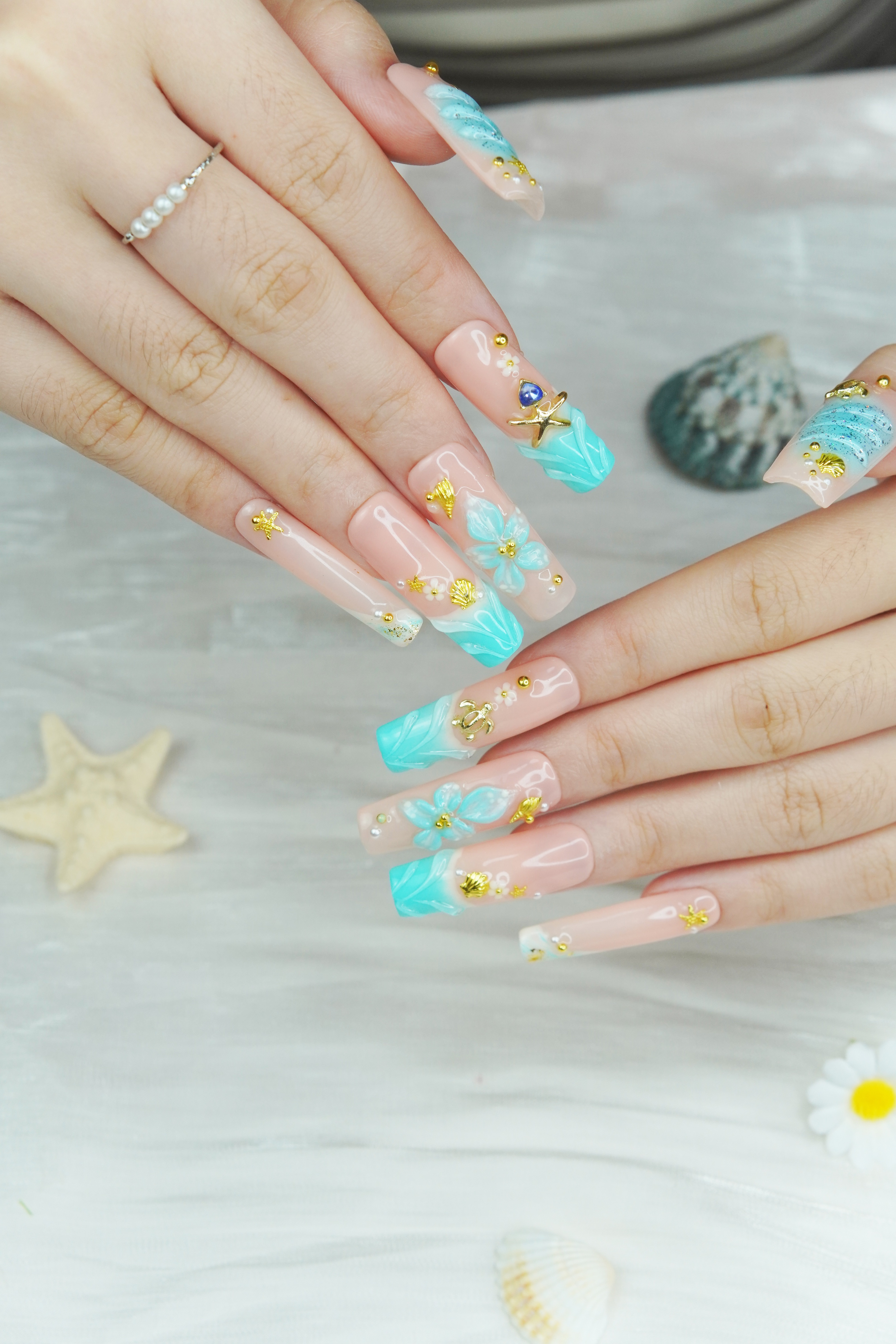 Nail Fairy Seafoam Green 3D Press-On Nails – Tropical Mermaid-Inspired Summer Set of 10 with Free Tool Kit