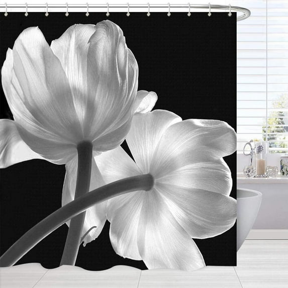 Black Flower Bathroom Shower Curtains, Modern Decorative Fabric Cloth Shower Curtain Black and White, Unique Floral Art Print Design Bath Shower Curtain Set with 12 Hooks,72 x 72 Inch