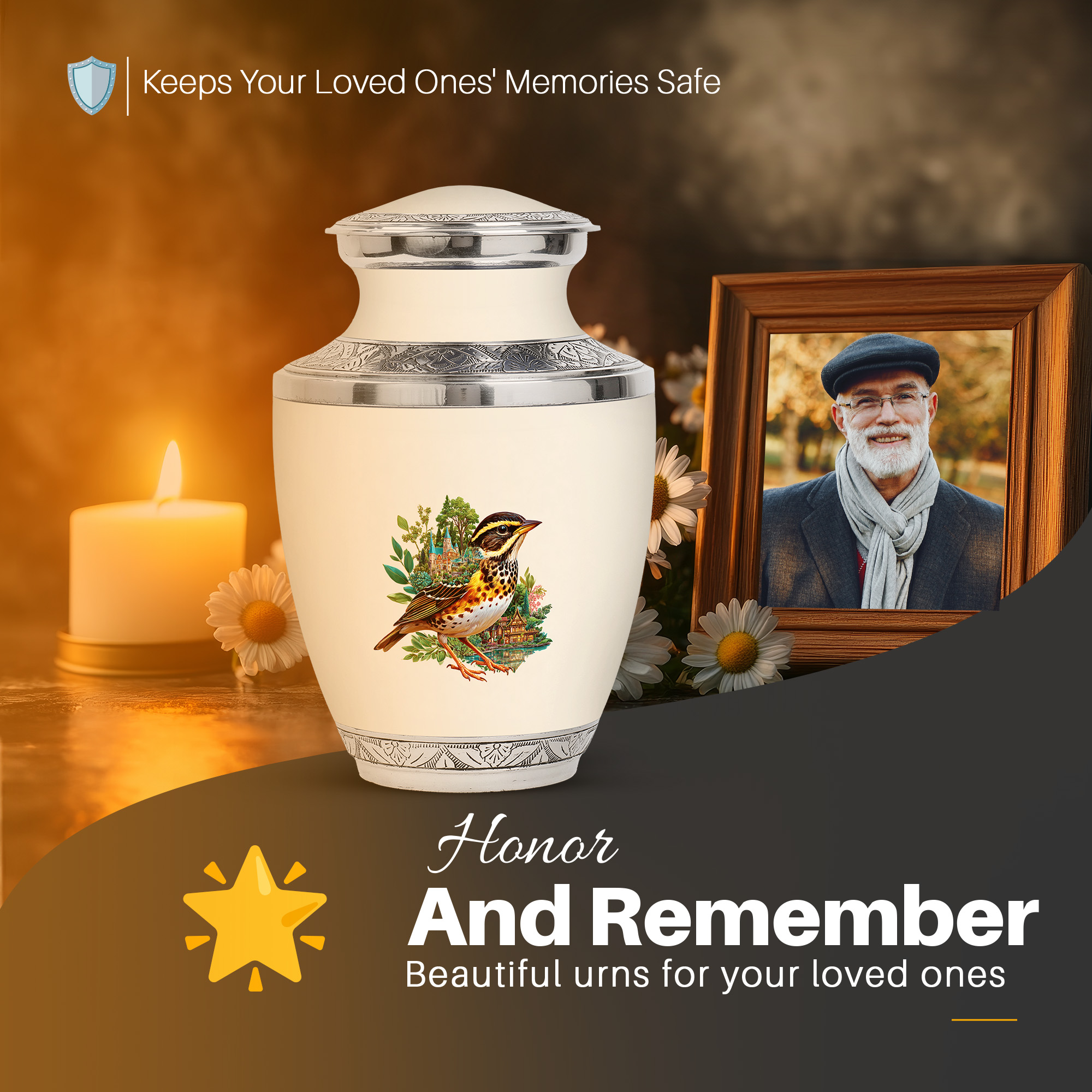 Yatskia Castle Sparrow Little Memorial Urn for Ashes Adult Male, Decorative Urns for Human Ash, Large Funeral Urns for Human Ashes Adult Female, (Tasty 10 Inch and 3 Inch)