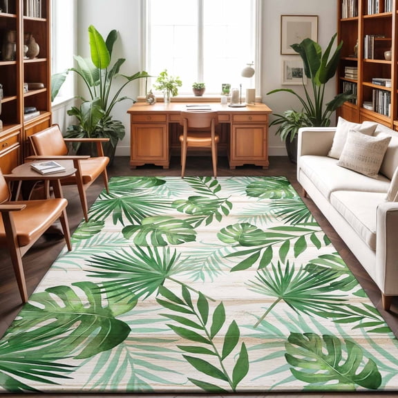 Area Rugs 4'x6'. Summer Botanical Carpet Runner Indoor Outdoor Rugs Home Decor Aesthetic, Green Monstera Palm Leaves Wood Beige Non Slip Mats Washable Accent Rug for Living Room Bedroom