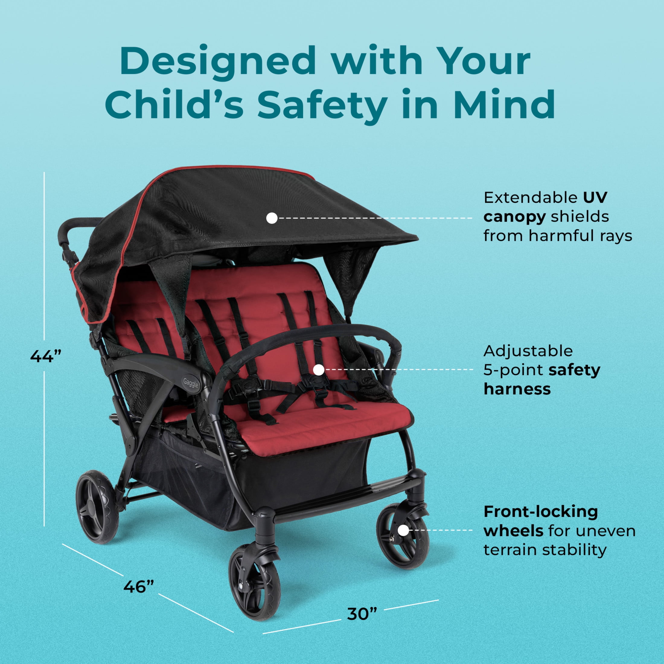 Foundations Gaggle Odyssey 4-Seat Quad Stroller, Reclining Bench Seats with Canopy, Red/Black​