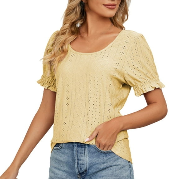 Kovlvoll Summer Tops for Women Eyelet Crew Neck Short Sleeve Shirts Loose Dressy Casual Blouse Top