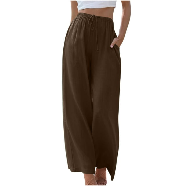 FAIWAD Women's Summer Linen Wide Leg Pants Drawstring High Waist Palazzo Flowy Beach Trousers with Pockets
