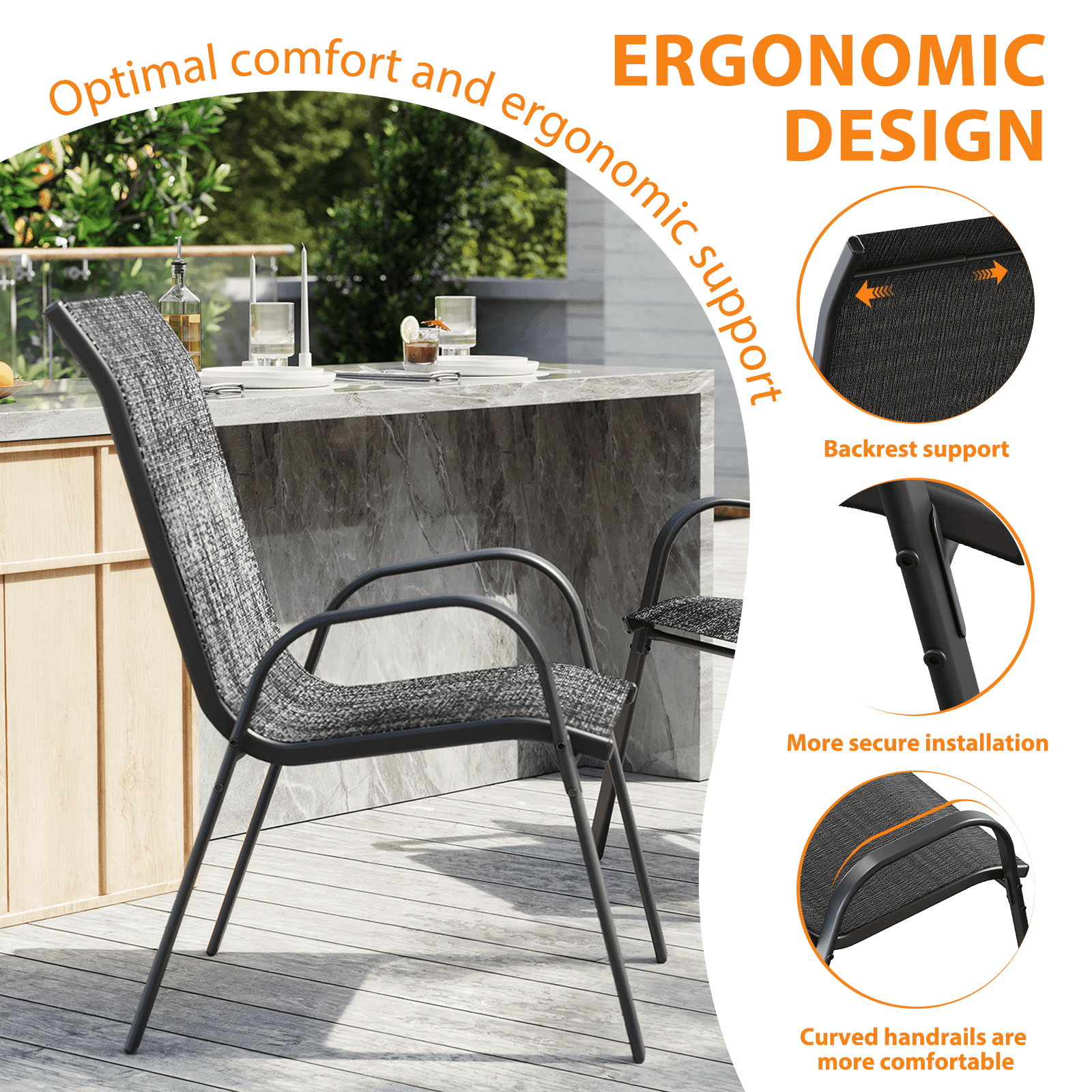 ELPOSUN Patio Chairs Set of 4, Outdoor Stackable Dining Chairs for All Weather, Breathable Garden Outdoor Furniture for Backyard Deck,Dark gray