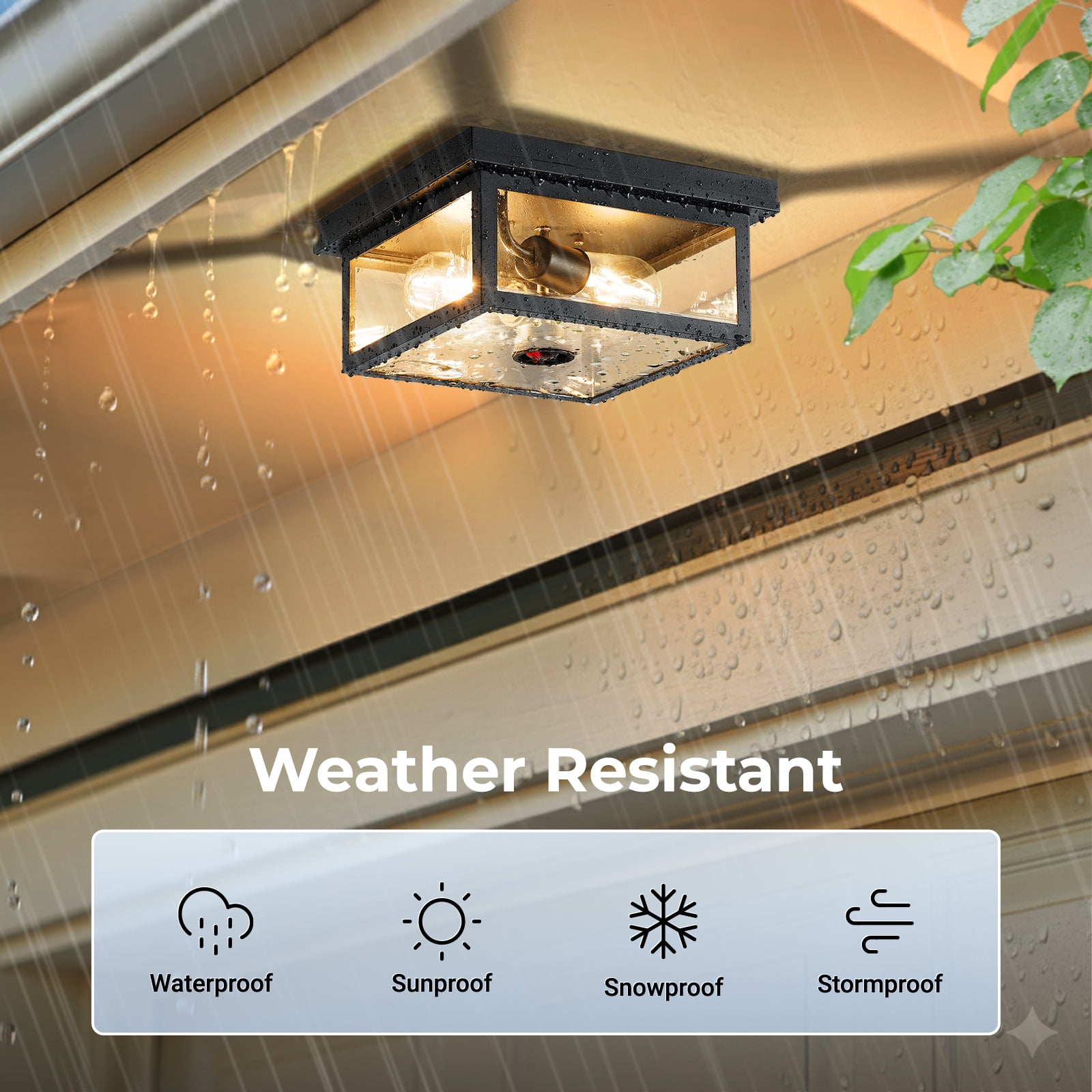 VIANIS Motion Sensor Outdoor Ceiling Light with Remote Control, Adjustable Distance Time Flush Mount Porch Ceiling Light for Garage,Porch, Entryway, 5 Modes, Black, Tempered Glass, Square