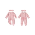 thumbnail image 3 of RUINIXCW Baby Girl 2Pcs Fall Outfits Long Sleeve Round Neck Bow Floral Print Jumpsuit with Headband Set, 3 of 4
