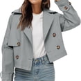 thumbnail image 5 of Double Breasted Women Solid Color Lapel Trench Coat Cropped Jacket, 5 of 6