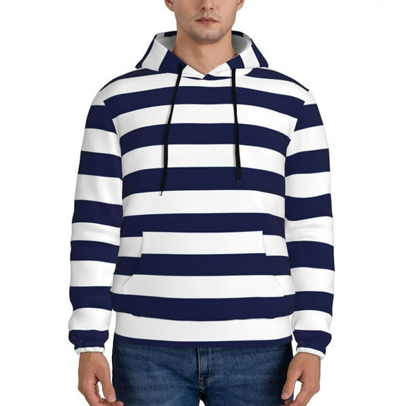 Naloa Navy Blue And White Stripes Men's Casual Hooded Collar Drawstring Hoodies Pullover Sweatshirts Casual Long Sleeve Shirts-Small