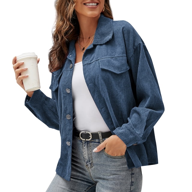 Chaqueta de pana para mujer, color sólido, cuello vuelto, manga larga, botón, abrigo informal de inv Abanopi Azul/XX-grande