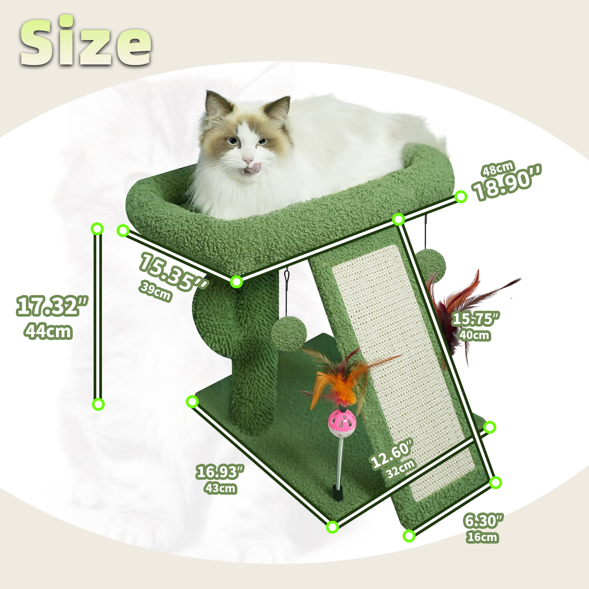 AIWIKIDE Desert Cactus Cat Tree with Condo and Scratch Post Hammock Hanging Ball, Green
