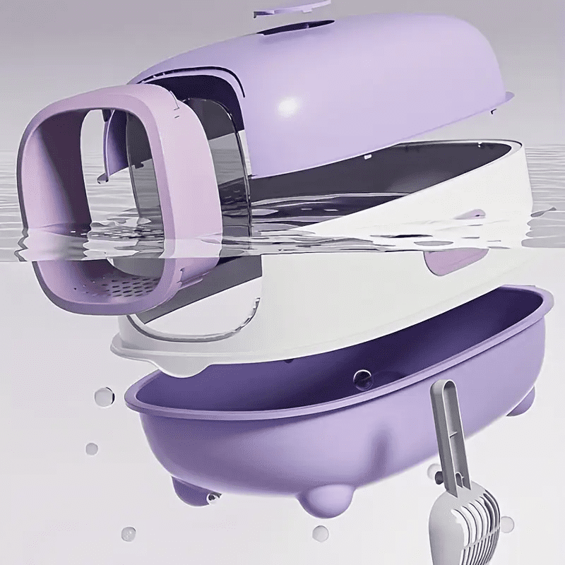 Fully enclosed purple cat litter box, comes with a cat litter scoop, smooth material, suitable for medium and small-sized cats