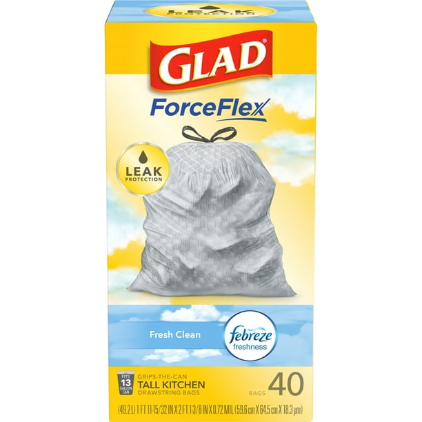 Glad Forceflex Tall Kitchen Trash Bags 13 Gallon 40 Count Fresh Clean Scent Walmart Com Walmart Com