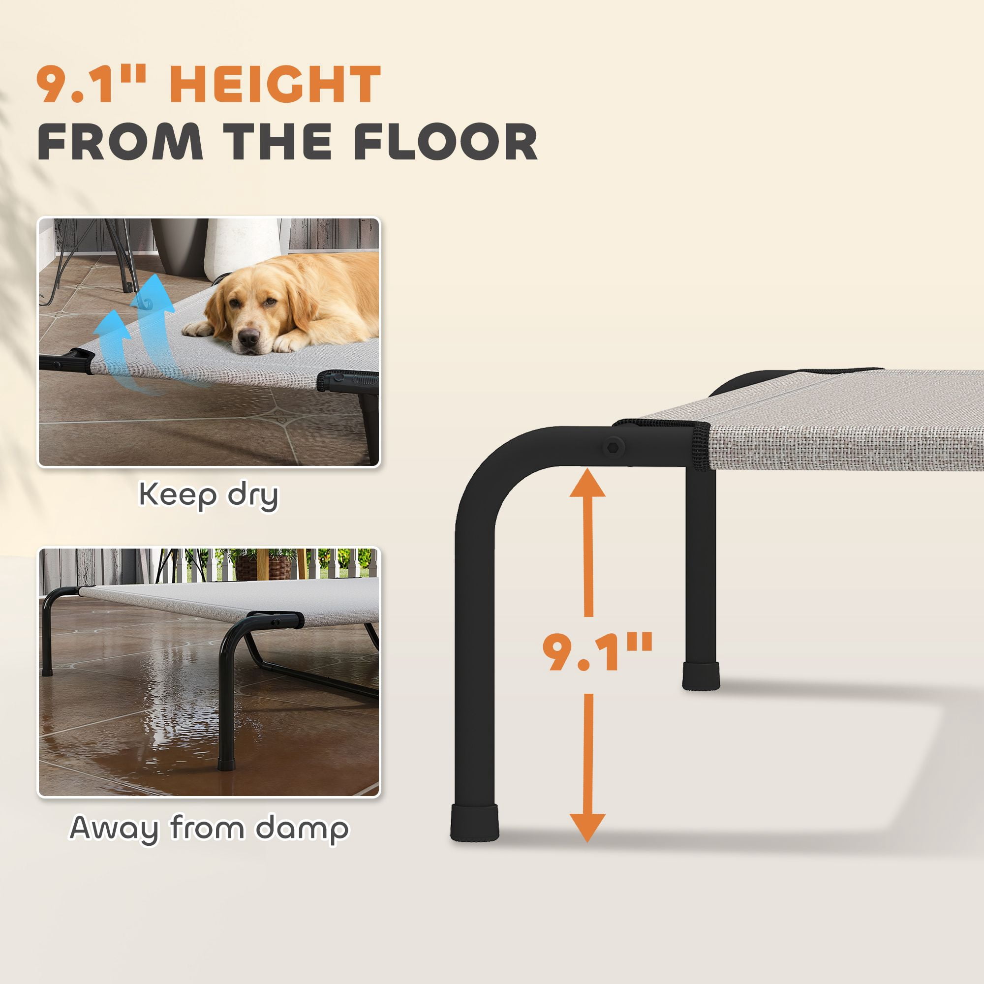 Elevated Dog Bed for Large Breeds 60"L Raised Cooling Pet Cot with Breathable Teslin Mesh 149 lbs Capacity Indoor Outdoor Dog Bed Beige