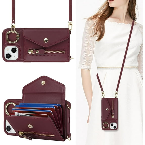 for iPhone 13 Case Wallet with Strap for Women - Crossbody Lanyard,Zipper Pocket,Credit Card Holder,Ring Stand - Phone Wallet Case for iPhone 13(6.1 inch,Wine Red)