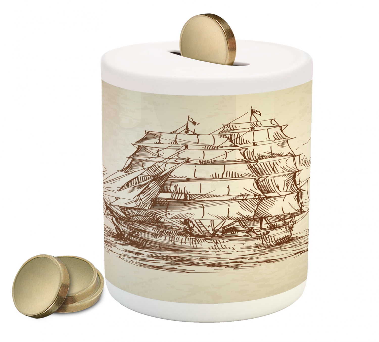 Vintage Boat Piggy Bank, Historical Weathered Sketch Sailing Ship