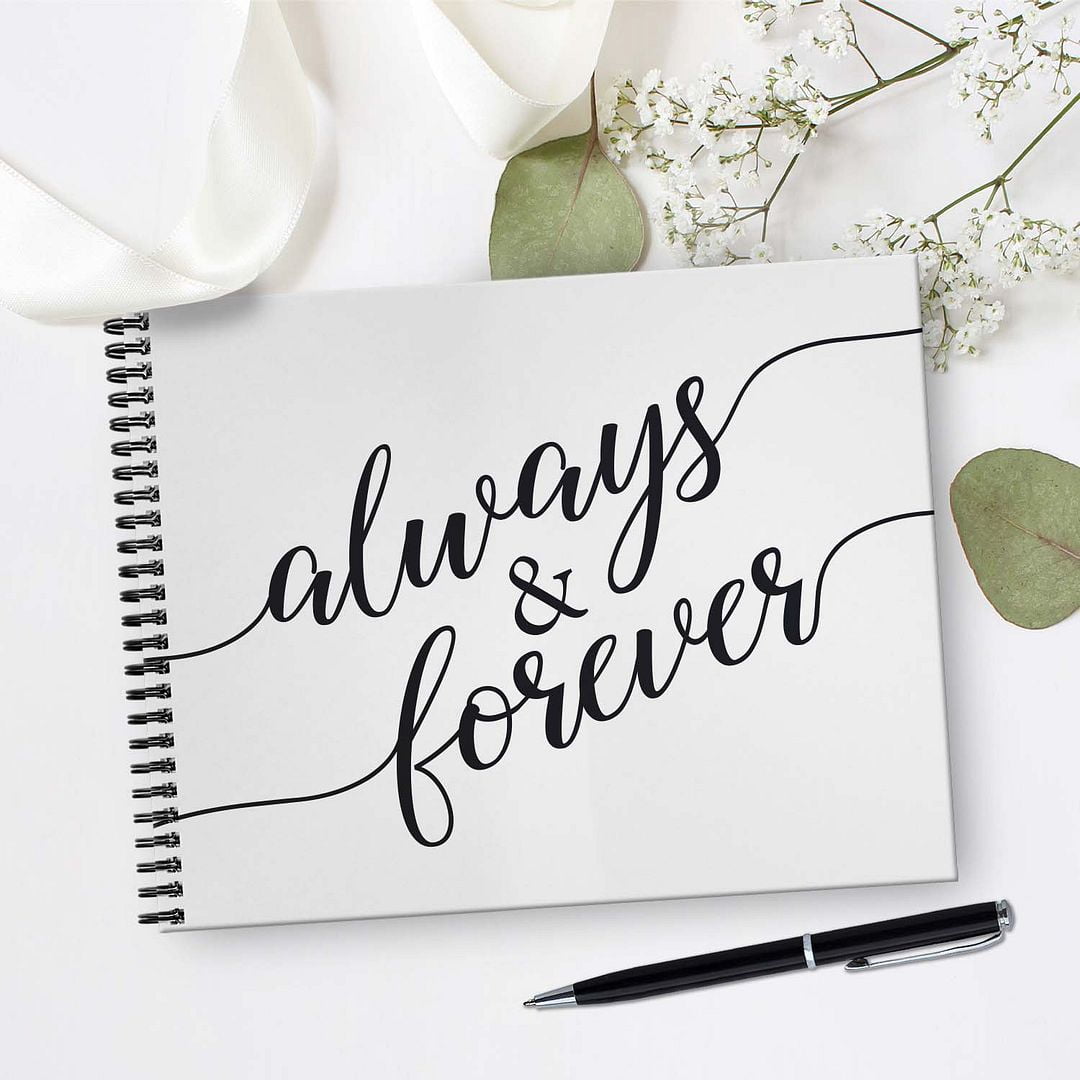 Hardcover Always And Forever Wedding Guestbook / 120 Lined Guest Signature Pages Inside / 11" x 8.5" Landscape Lay Flat Anniversary Guest Book / Black Metal Spiral Binding