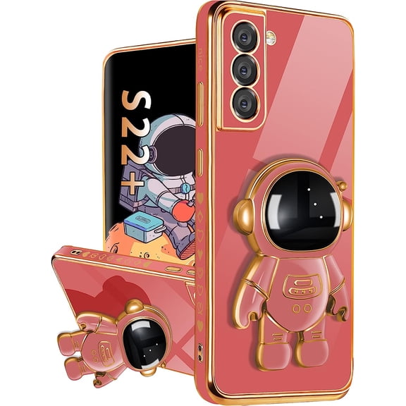 for Samsung Galaxy S22 Plus Case with Astronaut Stand, Women Girls for Galaxy S22 Plus Cases, Girly Cute 6D Outer Space Heart Pattern Phone Cover for S22 Plus 6.6 Inch Red