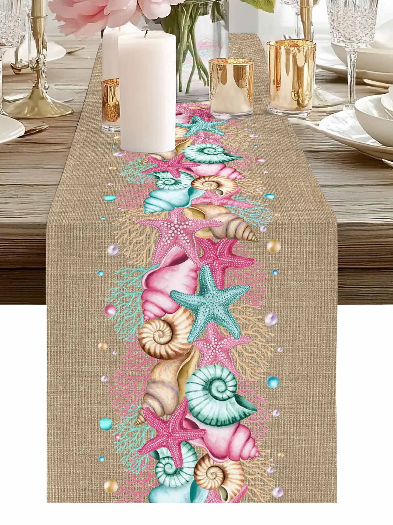 Summer Pink Table Runner, Starfish Shell Coral Beach Marine Life Brown Linen Washable Cotton-linen Table Runners Dining Kitchen Decoration for Everyday Home Wedding Party Decor, 13 x 90 Inch
