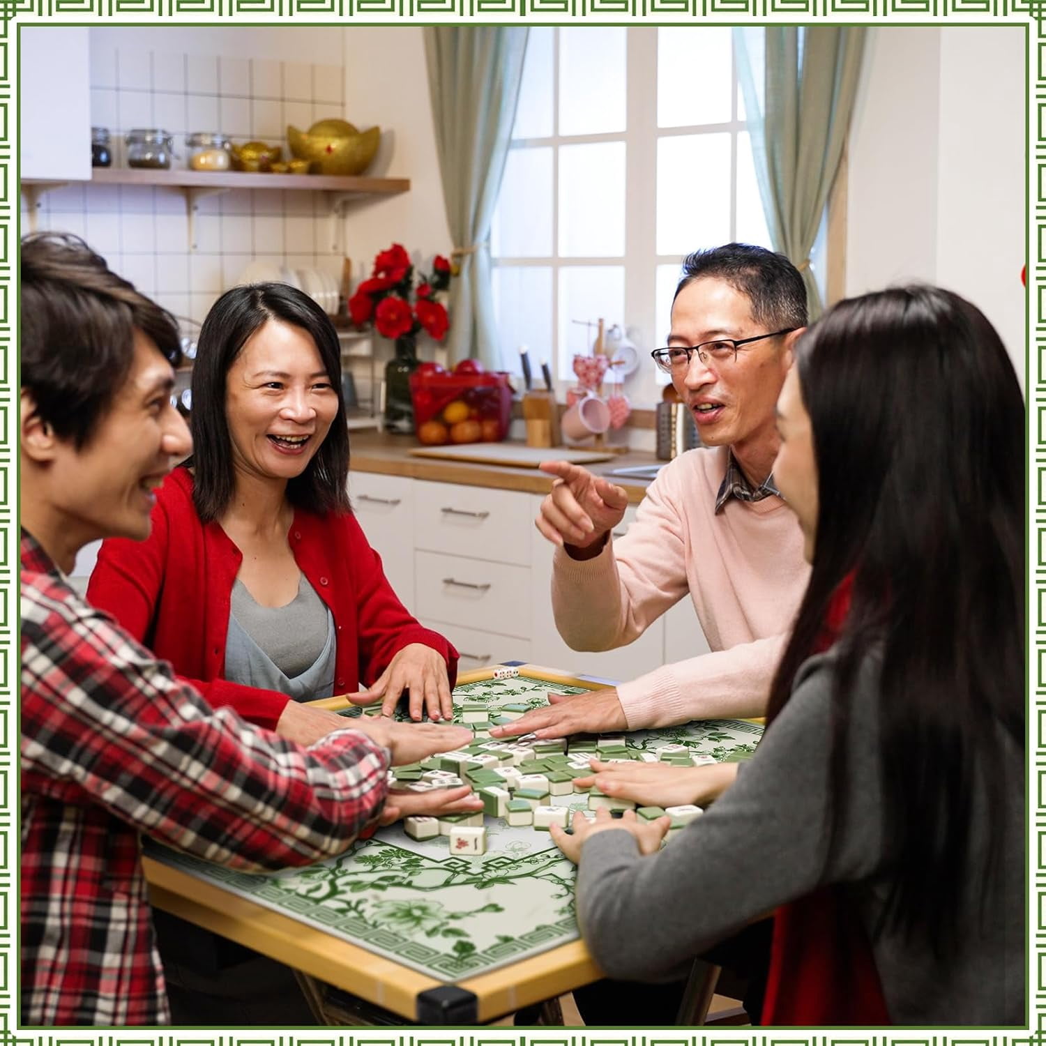 Chinoiserie Mahjong Mat with 1 Carrying Bag 31.5" x 31.5" Green and White Rubber Anti Slip and Noise Reduction Multi Purpose Game Table Cover for Mahjong, Card, Board Tile Games