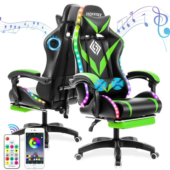 Hoffree Gaming Chair with Speakers and RGB LED Lights Ergonomic Massage Gamer Chair with Footrest High Back with Lumbar Support for Adults