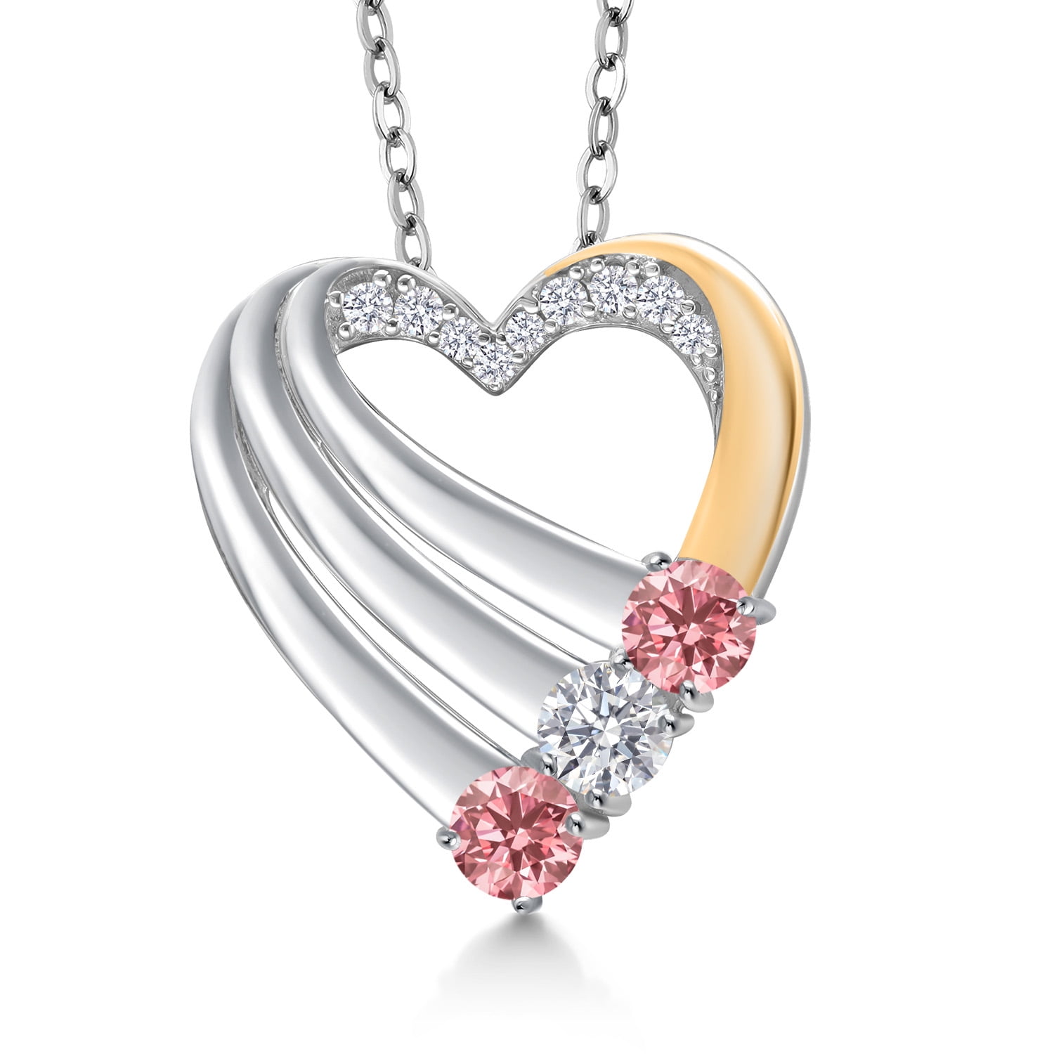 Gem Stone King 925 Silver and 10K Yellow Gold Pink Lab Grown Diamond and White Lab Grown Diamond Heart Pendant for Women | 0.87 Cttw | Gemstone April Birthstone | With 18 inch Chain