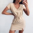 thumbnail image 2 of Womens Casual V Neck Solid Short Sleeve waidrawstring belt dress Summer Boho Floral Sundresses Wedding Guest Graduation Prom Formal Cocktail Dresses that Hide Belly A520-9949, 2 of 7